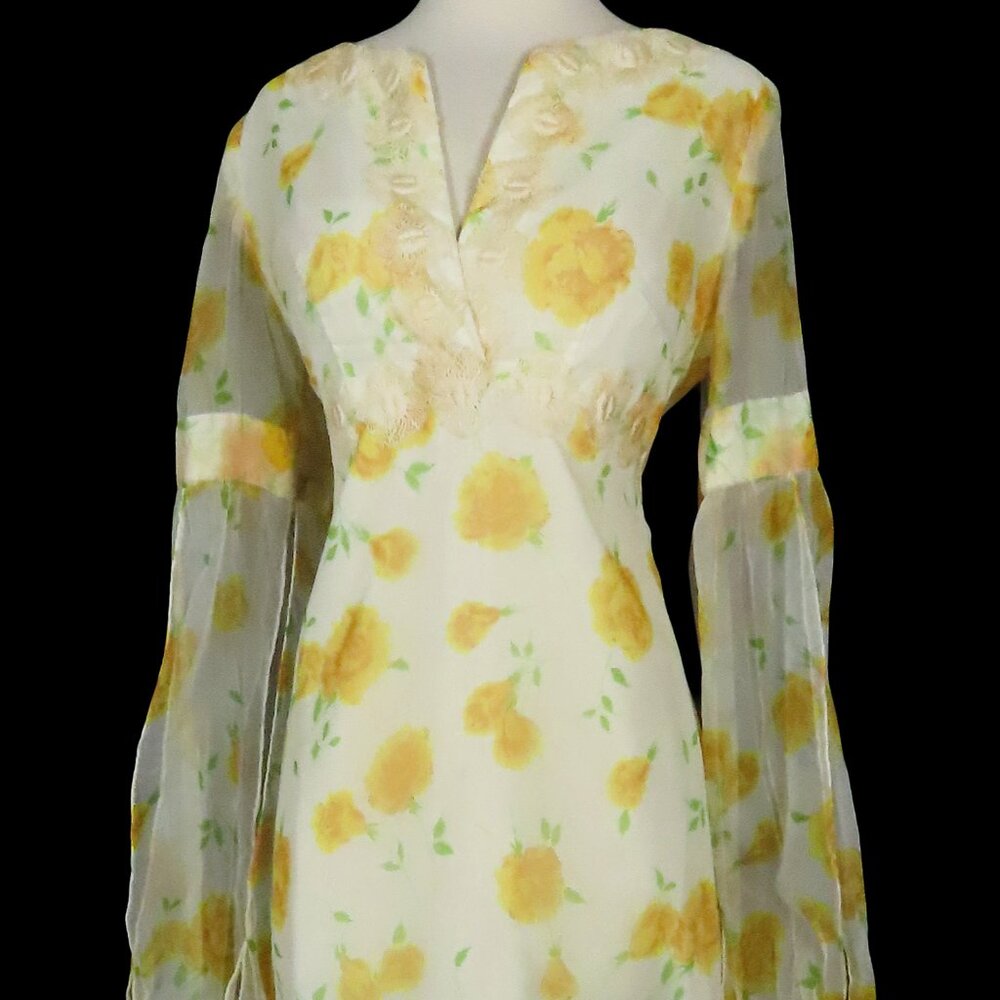 Vintage 70s Yellow Rose Floral Long Split Sleeves Empire Waist Maxi Dress L XL - Picture 15 of 16